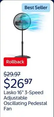 Walmart Lasko 16 3-Speed Adjustable Oscillating Pedestal Fan offer
