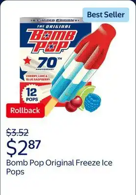 Walmart Bomb Pop Original Freeze Ice Pops, Frozen Dessert, Cherry, Lime, & Blue Raspberry offer