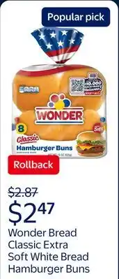 Walmart Wonder Bread Classic Extra Soft White Bread Hamburger Buns offer