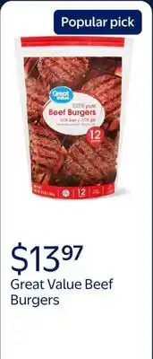 Walmart Great Value Beef Burgers, 80% Lean/20% Fat offer