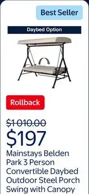 Walmart Mainstays Belden Park 3 Person Convertible Daybed Outdoor Steel Porch Swing with Canopy offer