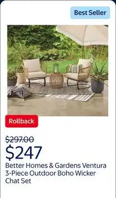 Walmart Better Homes & Gardens Ventura 3-Piece Outdoor Boho Wicker Chat Set offer