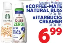 Bravo Supermarkets COFFEE-MATE NATURAL BLISS 32 Oz. Btl. •STARBUCKS CREAMER 28 Oz. Btl offer