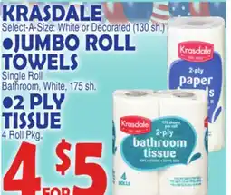 Bravo Supermarkets KRASDALE ,JUMBO ROLL TOWELS, 2 PLY TISSUE offer