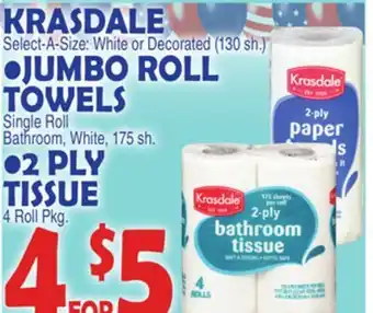 Bravo Supermarkets KRASDALE ,JUMBO ROLL TOWELS, 2 PLY TISSUE offer