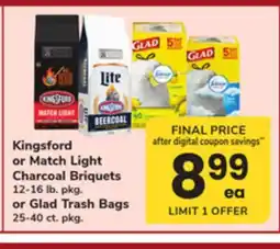 ACME Kingsford or Match Light Charcoal Briquets 12-16 lb. pkg. or Glad Trash Bags 25-40 ct. pkg offer