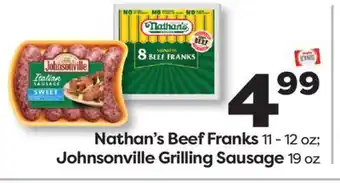 Weis Markets Nathan's Beef Franks 11-12 oz Johnsonville Grilling Sausage 19 oz offer