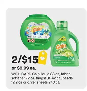CVS Gain liquid 88 oz, fabric softener 72 oz, flings! 31-42 ct., beads 12.2 oz or dryer sheets 240 ct offer