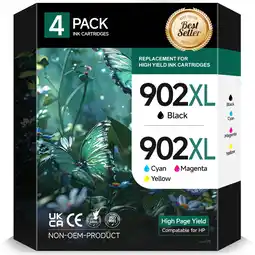 Walmart 902XL 902 Ink compatible for HP 902 Ink Cartridges - (Cyan Magenta Yellow Black), 4Pack offer