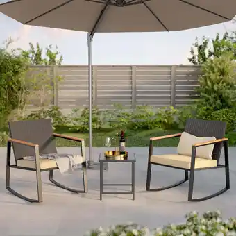 Walmart Aiho 3-Piece Wicker Rocking Patio Set w/ Glass Table, Weatherproof Cushions & Anti-Scald Arms, Beige offer