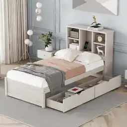 Walmart Miniyam Twin Size Bed with Built-in USB Port, Bookcase, Drawers for Kids and Teens, White offer