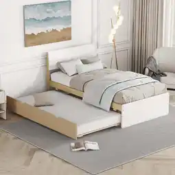 Walmart Miniyam Wood Twin Size Bed Frame with Trundle for Kids and Teens, Space-Saving, Oak offer