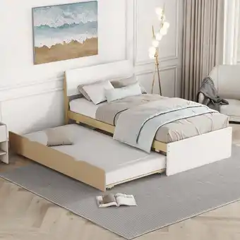 Walmart Miniyam Wood Twin Size Bed Frame with Trundle for Kids and Teens, Space-Saving, Oak offer