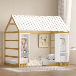 Walmart Miniyam Wood Twin Size House Bed with Fence and Roof for Kids, Natural offer