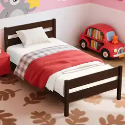 Walmart Miniyam Wood Twin Size Bed with Headboard for Kids and Teens, Espresso offer