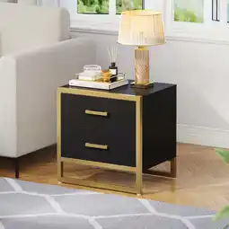 Walmart Dextrus Nightstand End Side Table, 2 Drawers, Metal Frame for Bedroom Living Room, Black and Gold offer