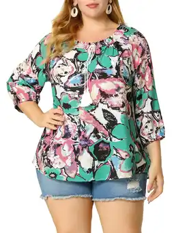 Walmart Agnes Orinda Women's Plus Size Self Tie Neck 3/4 Sleeves Floral Colorful Blouse 1X Green offer