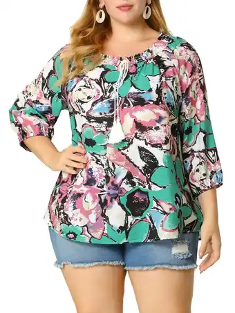 Walmart Agnes Orinda Women's Plus Size Self Tie Neck 3/4 Sleeves Floral Colorful Blouse 1X Green offer