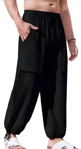 Walmart Puztloy Mens Linen Pants Drawstring Elastic Waist Lightweight Pant Casual Summer Beach Yoga Trouser offer