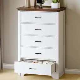 Walmart Selooye Farmhouse 5-Drawer Dresser, 31-Inch Wood White Chest with Metal Handles offer