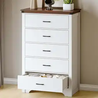 Walmart Selooye Farmhouse 5-Drawer Dresser, 31-Inch Wood White Chest with Metal Handles offer