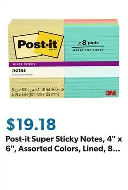 Sam's Club Post-it Super Sticky Notes, 4 x 6, Assorted Colors, Lined, 8 Pack, 800 Total Sheets offer