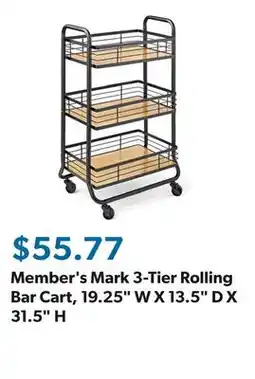 Sam's Club Member's Mark 3-Tier Rolling Bar Cart, 19.25 W X 13.5 D X 31.5 H offer