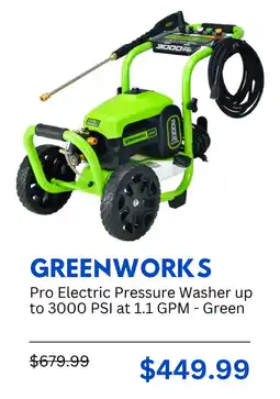 Best Buy Greenworks pro electric pressure washer up to 3000 psi at 1.1 GPM green offer