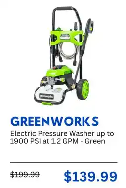 Best Buy Greenworks electric pressure washer up to 1900 PSI at 1.2 GPM green offer