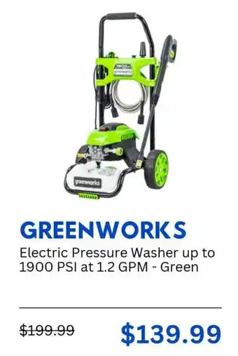 Best Buy Greenworks electric pressure washer up to 1900 PSI at 1.2 GPM green offer