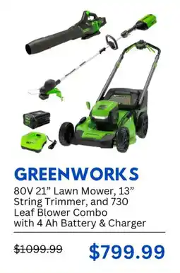 Best Buy Greenworks 80V 21" Lawn Mower, 13" String Trimmer, and 730 Leaf Blower Combo with 4 Ah Battery & Charger offer
