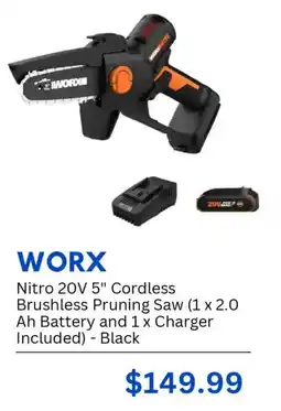 Best Buy Worx Nitro 20V 5" Cordless Brushless Pruning Saw (1 x 2.0 Ah Battery and 1 x Charger Included) Black offer