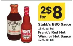 ACME Stubb's BBQ Sauce 18 fl. oz. btl. Frank's Red Hot Wing or Hot Sauce 12 fl. oz. btl offer