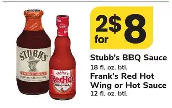 ACME Stubb's BBQ Sauce 18 fl. oz. btl. Frank's Red Hot Wing or Hot Sauce 12 fl. oz. btl offer
