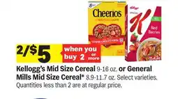 Meijer Kellogg's Mid Size Cereal 9-16 oz. or General Mills Mid Size Cereal* 8.9-11.7 oz offer