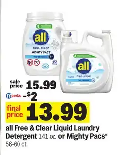 Meijer all Free & Clear Liquid Laundry Detergent 141 oz. or Mighty Pacs* 56-60 ct offer