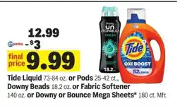 Meijer Tide Liquid or Pods, Downy Beads or Fabric Softener, Downy or Bounce Mega Sheets offer