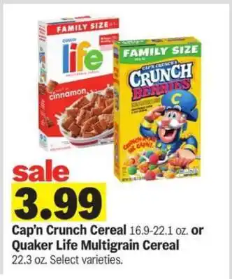 Meijer Cap’n Crunch Cereal or Quaker Life Multigrain Cereal offer