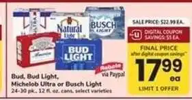 Safeway Bud, Bud Light, Michelob Ultra or Busch Light offer