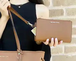 Walmart Michael Kors Jet Set Double Zip Wristlet Leather Phone Wallet Luggage Brown offer