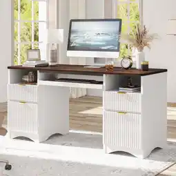 Walmart Bestier 59 Computer Home Office PC Desk with Keyboard Tray and Storage Drawers, Walnut and White offer