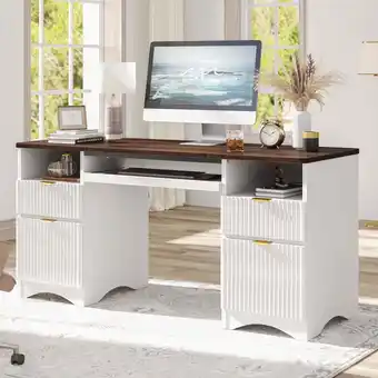 Walmart Bestier 59 Computer Home Office PC Desk with Keyboard Tray and Storage Drawers, Walnut and White offer