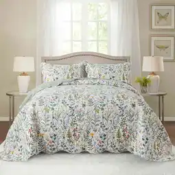 Walmart WannaToo Quilt Collection Microfiber Floral Bedding Set Green and White Quilt, King Size (3 Count) offer