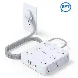 Walmart Surge Protector Power Strip with USB Ports, 5ft Braided Extension Cord 3-Side 12-Outlet,White offer