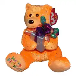 Walmart Ty Beanie Baby: Happy Birthday the Bear - Orange - Holding Gift | Stuffed Animal | MWMT's offer