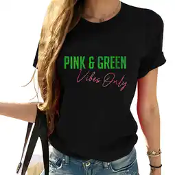 Walmart Womens Pink & Green aka Vibes Only Round Neck T-Shirt Black offer