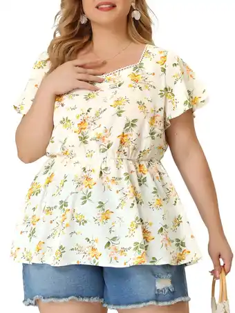 Walmart Agnes Orinda Women's Plus Floral Blouse Flare Sleeve Sweetheart Neck Elastic Waist Peplum Top offer