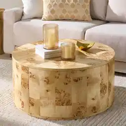 Walmart Better Homes & Gardens Burlwood Round Coffee Table, Light Burl Wood Veneer offer
