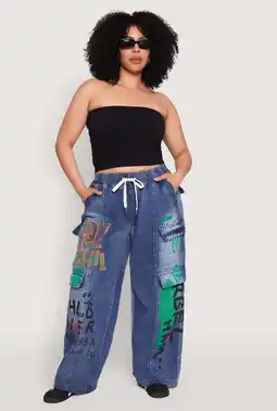 Walmart Womens Plus Size Spoon Jeans Graffiti Print Drawstring Cargo Jeans offer
