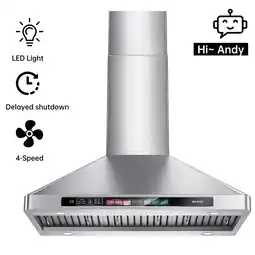 Walmart BRANO 30 Inch Wall Mount Range Hood Stainless Steel Hood, 900 CFM, Voice Control, 4-Speed offer